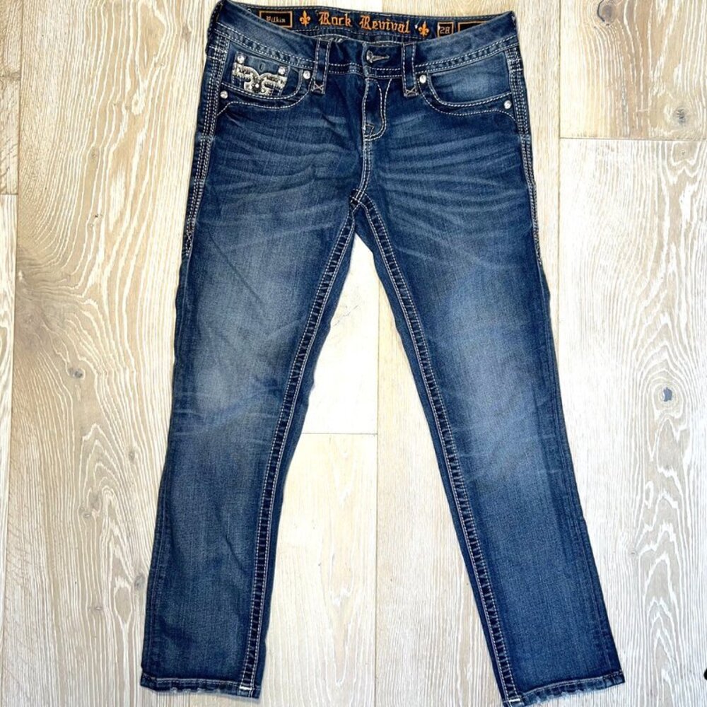 Rock Revival - Pilkin Ankle Jeans Women's Size 28 Fluer-de-Lis Gemstone Pocket